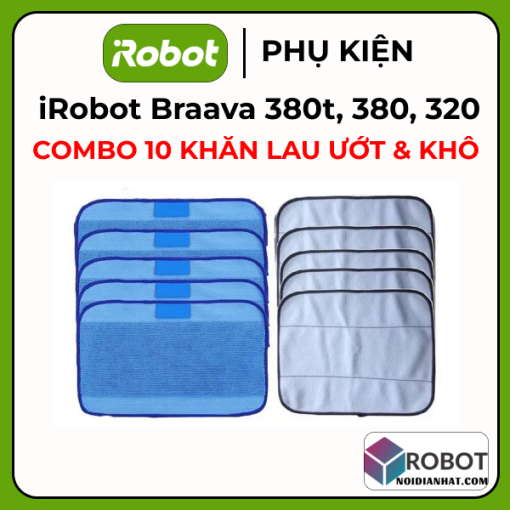 Combo 10 khăn lau khô và ướt cho iRobot Braava 380 380t 320 Mint 4200 5200